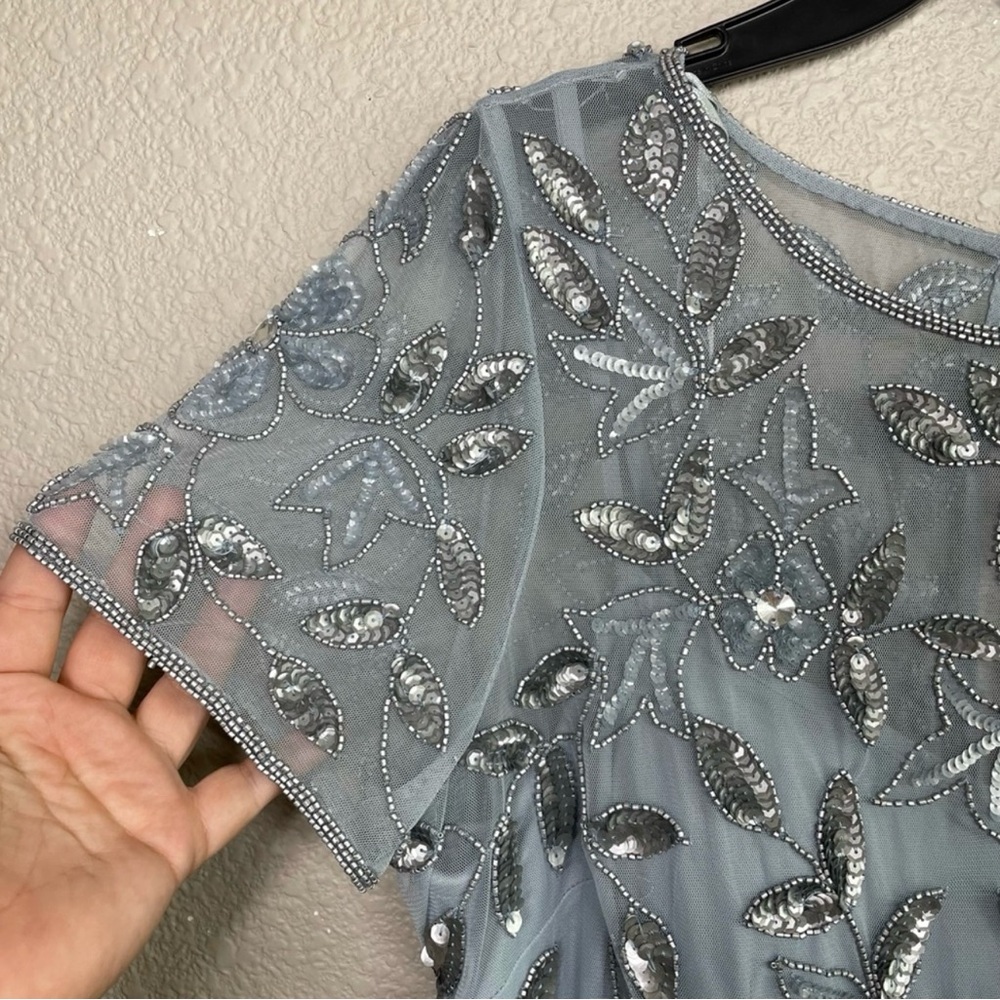 Adrianna Papell Size 16 Short Sleeve Beaded Floral Dress Illusion Neckline - Picture 5 of 8